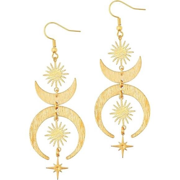 Gothic Boho Sun Moon Star Earrings β Celestial Dangle Earrings, Copper Astrology - Picture 5 of 5